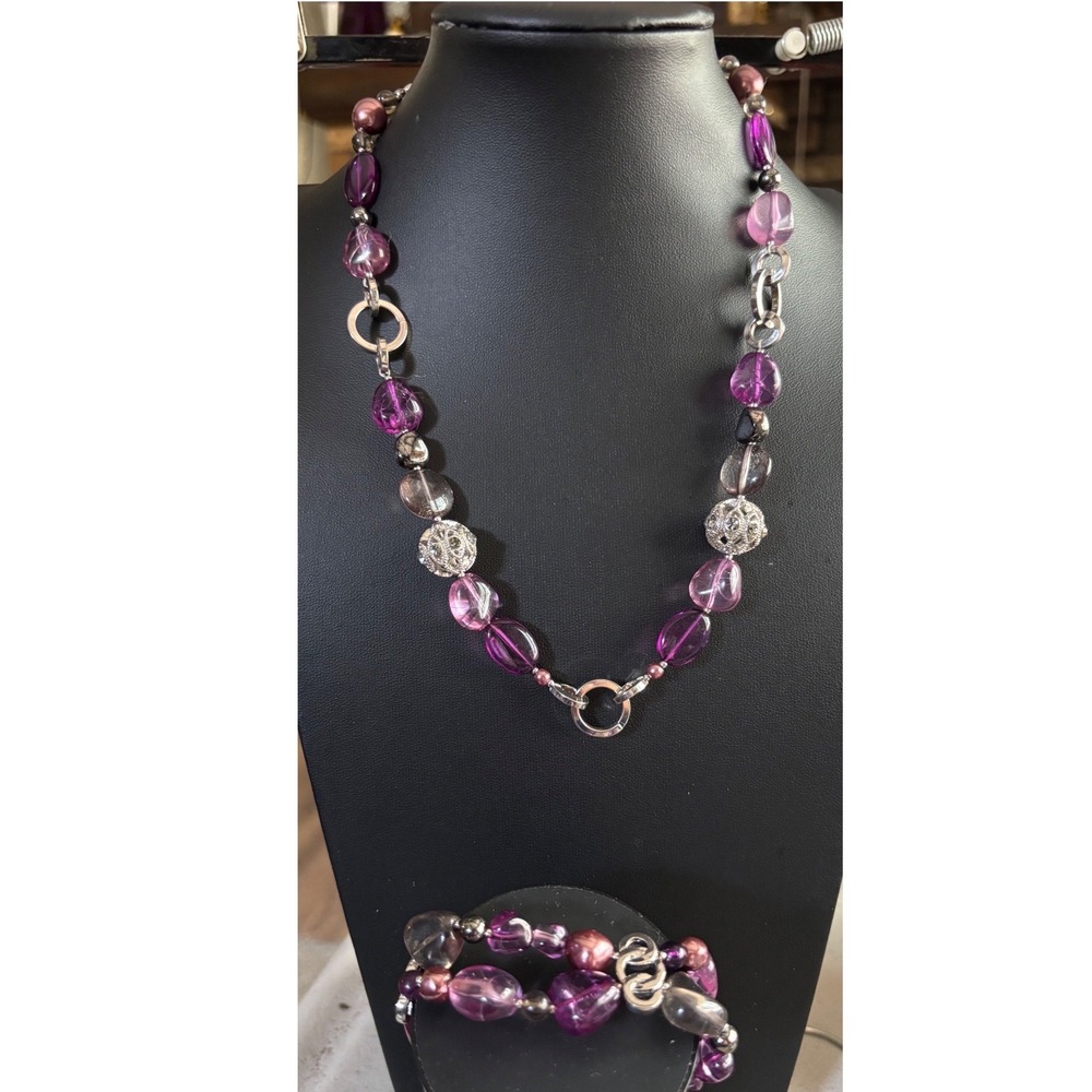 Necklace Bracelet Set Purple‎ Napier Beaded Silver Tone Statement Jewelry